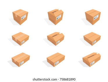 Vector isometric cardboard boxes. Box cardboard, box package, box packaging, box isolated illustration
