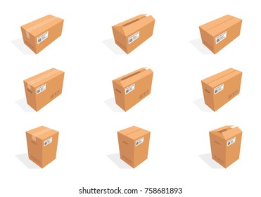 Vector isometric cardboard boxes. Box cardboard, box package, box packaging, box isolated illustration