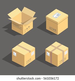 Vector Isometric Cardboard Boxes Packaging Icons Isolated Illustration