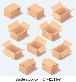 Vector isometric cardboard boxes set. Isolated bacground