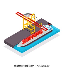 Vector isometric cargo container ship and crane concept with loading word SHIPPING