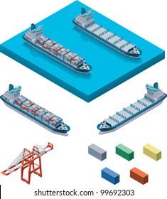 Vector Isometric Cargo Container Ship And Crane