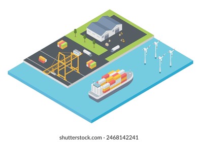 Vector isometric cargo port with cranes unloading containers from container ship.