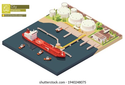 Depósito de aceite de puerto de carga isométrica vectorial con buque cisterna. Aceite de carga de petrolero en la terminal de comercio de petróleo crudo. Embalaje de buques en almacenamiento de petróleo