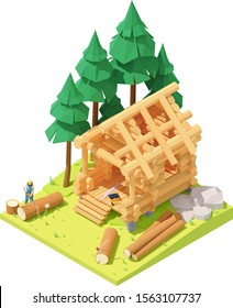 Vector Isometric Carpenter Or Lumberjack Cutting Tree With Chainsaw For Log Cabin Or Home Building. Wooden House Construction Process, Working On Walls And Roof. Swedish Cope Log Profile