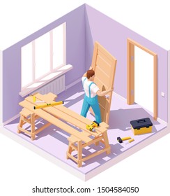 Vector isometric carpenter worker at new wooden door installation in the house. Worker in blue overalls, related tools, sawhorse
