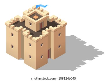 Vector isometric cartoon castle. Game design fortress concept.