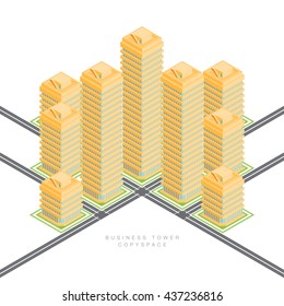 Vector isometric cartoon illustration of business commercial buildings.