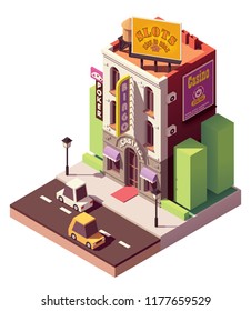 Vector isometric casino or gambling house building with neon sign and gambling advertising billboard