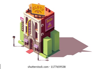 Vector isometric casino or gambling house building with neon sign and gambling advertising billboard