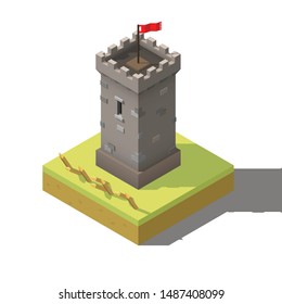 Vector Isometric Castle Tower On White Background. Game Fortress Concept Illustration.