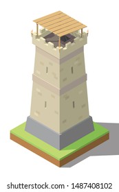 Vector isometric castle tower on white background. Game fortress concept illustration.