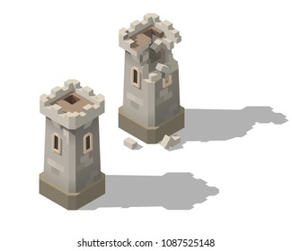 Vector isometric castle towers. New tower and destroyed tower game concept.