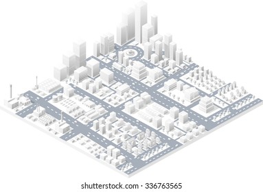 Vector isometric center of the city on the map with a large number of buildings, skyscrapers, factories, parks and vehicles. Three-dimensional view of  modern town business.