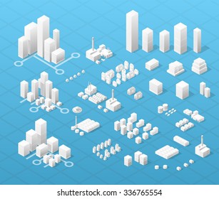 Vector isometric center of the city on the map with a large number of buildings, skyscrapers, factories, parks and vehicles. Three-dimensional view of  modern town business.