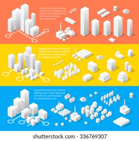 Vector isometric center of the city on the map with a large number of buildings, skyscrapers, factories, parks and vehicles. Three-dimensional view of  modern town business.