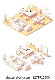 Vector isometric CEO office interior. White modern desk with laptop and lamp, bookshelf, large tv, sofa and chairs, flip chart board and other office equipment and furniture