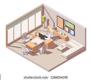 Vector isometric CEO office interior. Desk with desktop monitor, lamp and keyboard, chairs, sofa and other office equipment and furniture