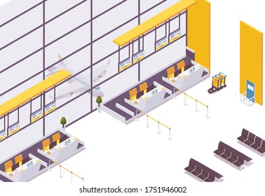Vector isometric check-in counter for flight, baggage weighing, ticketing at the airport interior scene