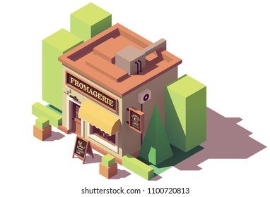 Vector isometric cheese shop or fromagerie building with signboard and awning