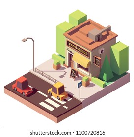 Vector isometric cheese shop or fromagerie building with signboard and awning