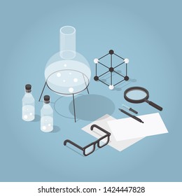 Vector isometric chemical laboratory illustration. Science experiment in process. Test tubes, bottles, chemistry equipment, glasses, molecular grid and magnifier.
