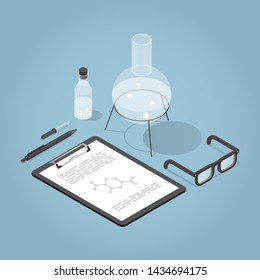 Vector isometric chemical laboratory illustration. Science experiment in process. Test tubes, bottles, chemistry equipment, clipboard and glasses.