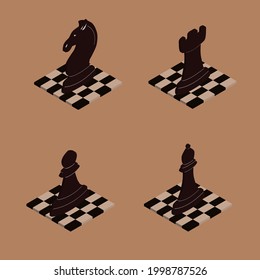 Vector isometric chess game illustration. On a brown background, there are four chessboards on which isometric chess pieces rook, bishop, knight and pawn are located.