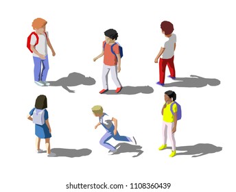 Vector isometric childrens, school students set. Low poly style