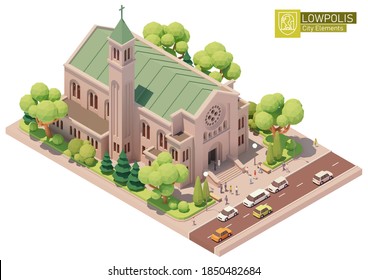 Vector isometric church building. Old church or cathedral, married couple after wedding ceremony, white limousine on street, green trees. Isometric city or town map construction elements