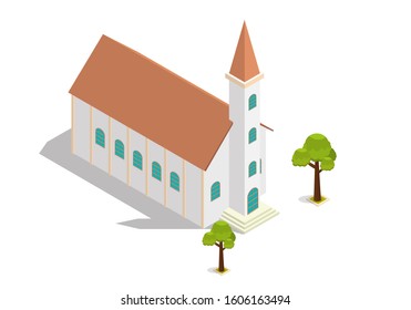 vector isometric church building with trees