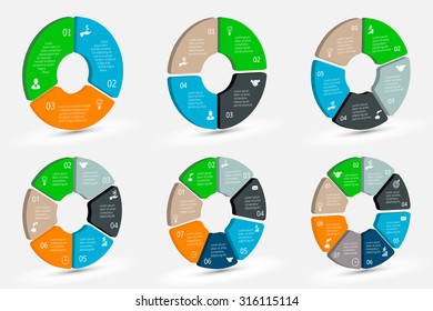 Vector isometric circle element for infographic. Template for cycle diagram, graph, presentation and round chart. Business concept with 3, 4, 5, 6, 7 and 8 options, parts, steps or processes.