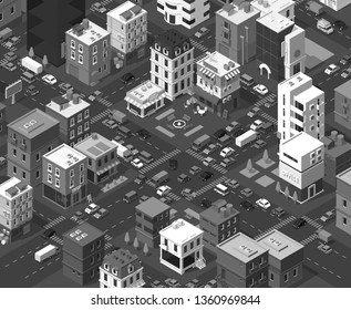 Vector isometric city. Black and white town district. Street Intersection road 3d. Very high vector detail monochromatic. Residential quarter. Cars end buildings top view square section.