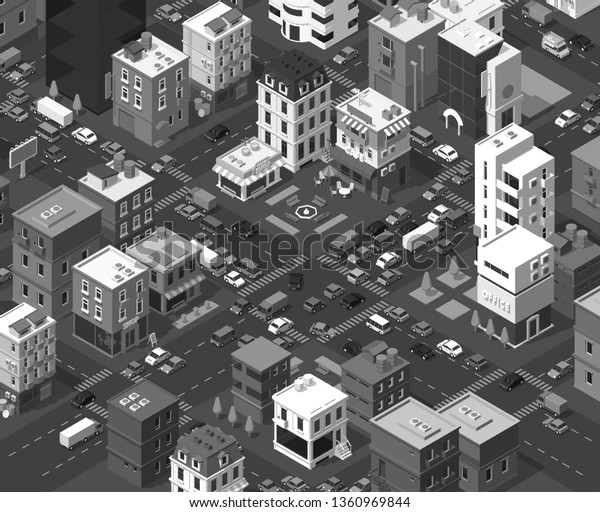 Vector isometric city. Black and white town\
district. Street Intersection road 3d. Very high vector detail\
monochromatic. Residential quarter. Cars end buildings top view\
square section.
