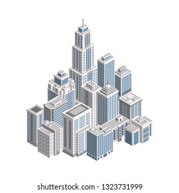 Vector Isometric City Building. Vector Isometric City Building Icon Isolated on White Background. Private House, Skyscraper, Real Estate, Public Building, Hotel.