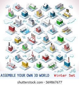 Vector isometric City building Tile Winter Snow Ice Set Hotel Set Tile 3D Urban City Farm Map Isolated Hotel Isometric Infographic Snow Game Tile 3D Ice Farm Set Collection Poster Vector Illustration