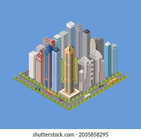 Vector isometric city buildings set. Skyscraper, hotel, office building,house isometric.