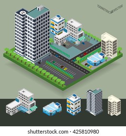 Vector isometric city center with a building, road, car. Isometric city map. Vector illustration.