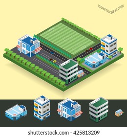 Vector isometric city center with a building, road, car. Isometric city map. Vector illustration.