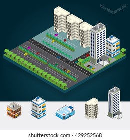 Vector isometric city center with building, road, car. Isometric city map. Vector illustration.