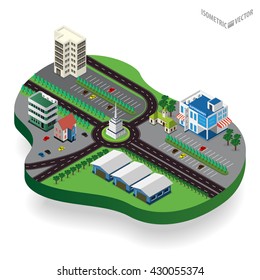 Vector isometric city center with building, road, car. Isometric city map. Vector illustration.