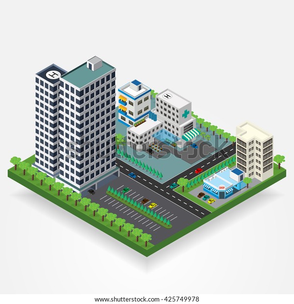 Vector isometric city\
center with building, road, hospital, car. Isometric city map.\
Vector illustration.