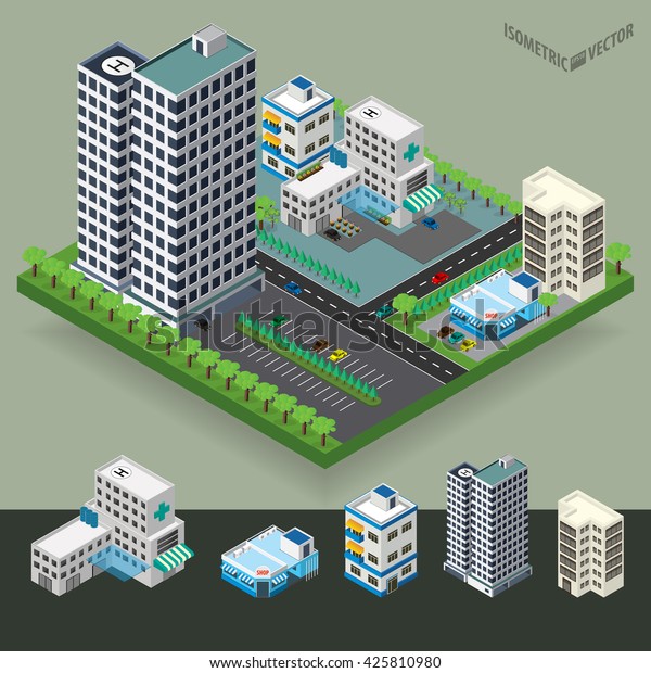 Vector isometric city center\
with a building, road, car. Isometric city map. Vector\
illustration.
