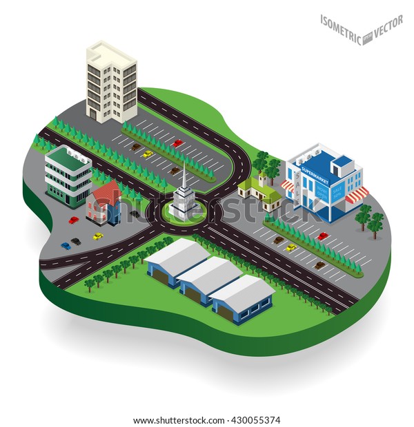 Vector isometric city center with\
building, road, car. Isometric city map. Vector\
illustration.