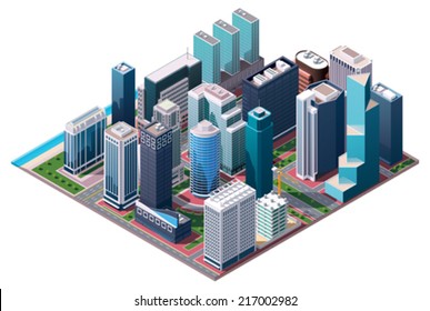 Vector isometric city center map with skyscrapers, offices and stores