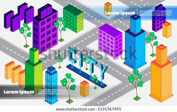 Vector isometric city center map. Modern town and\
public park. Building 3d flat design. Vector illustration office\
and city concept