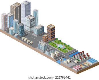 Vector isometric city center on the map with lots of buildings, skyscrapers, factories, and parks