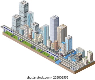 Vector isometric city center on the map with lots of buildings, skyscrapers, factories, and parks