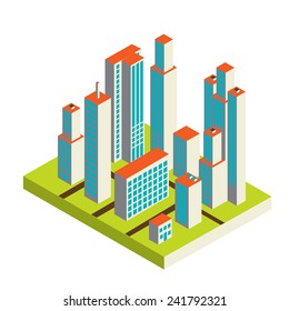 Vector isometric city center on the map with lots of buildings, skyscrapers, factories, and parks