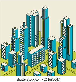 Vector isometric city center on the map with lots of buildings, skyscrapers, factories, and parks